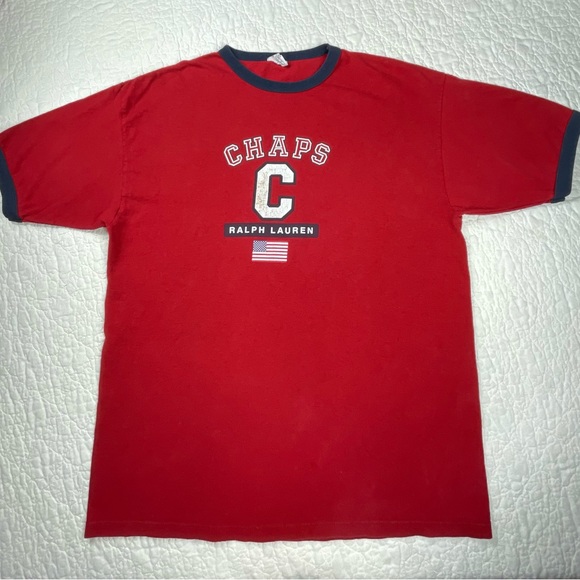 🔥Vtg 80 90's Chaps Ralph Lauren USA Red Flag Logo Ringer T Shirt Men’s Size M - Picture 3 of 11